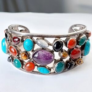 Vintage Sterling Silver Multi-Gemstone Wide Bracelet